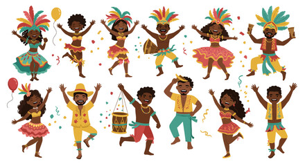 Naklejka premium Group of diverse people dancing in colorful carnival costumes with feathers and confetti, celebrating joyfully.