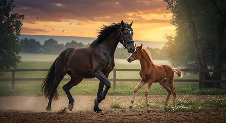 Horse and foal running at sunset