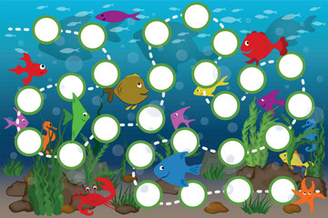 Roll-and-Move Game UnderSea Template. Board game for children