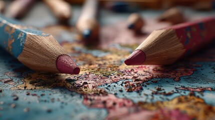 Creative collaboration of colored pencils on a world map artistic setup close-up view colorful environment