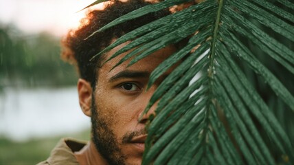 Young man partly hidden behind a tropical palm leaf, gazing at camera