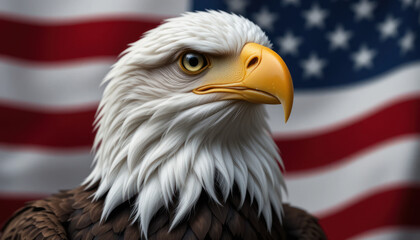 A majestic bald eagle with piercing eyes, set against the American flag.