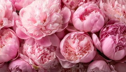 Vibrant close-up of blooming pink peonies in full detail as a background, showcasing their rich petals and natural elegance. Ideal for floral, romantic, or nature-themed visuals. AI