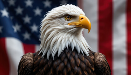 Obraz premium Majestic bald eagle, head and shoulders, intense gaze, positioned before a blurred American flag backdrop.