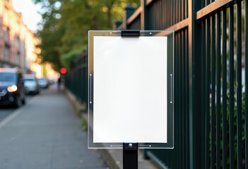 A blank vertical sign in a clear acrylic stand on a city sidewalk, offering a versatile mockup for a restaurant menu, event notice, or public information display.
