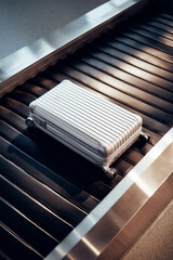 A sleek silver suitcase sits alone on a baggage carousel, surrounded by the polished surfaces of a contemporary airport terminal. The atmosphere is calm and inviting, perfect for travelers.