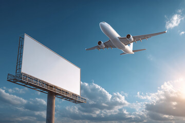 Signboard under a departing plane in a busy urban environment