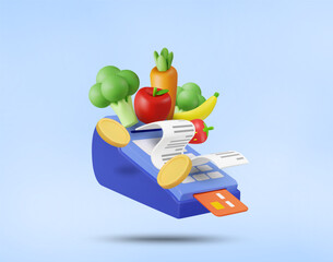 3D Vector Illustration Render Cash Register with Fresh Fruits and Vegetables, Broccoli, Apple, Carrot, Banana, Coins, Receipt and Credit Card. Cashless Payment Concept in Store or Online.