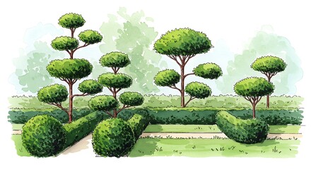 Landscaping illustration of topiary and hedgerows