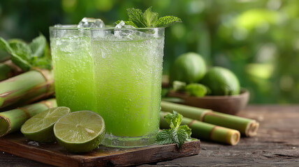Refreshing sugarcane juice with ice and mint for summer