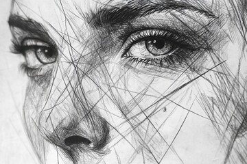Obraz premium Detailed sketch of a woman's expressive eyes and face showcasing intricate linework and shading techniques, created with precision using pencil on textured paper