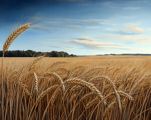 Golden wheat field swaying in breeze under partly cloudy sky, creating peaceful rural scene with lush trees in background