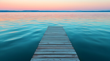 Wooden dock extends into calm lake during sunset, with pink and blue hues reflecting water surface, creating peaceful
