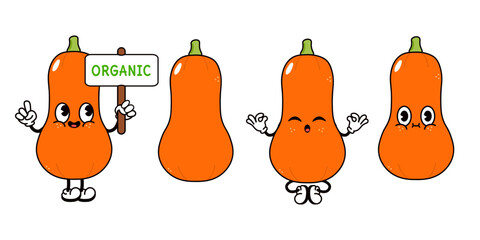 Fun and friendly cartoon Butternut Squash characters showcasing an organic concept and various poses.