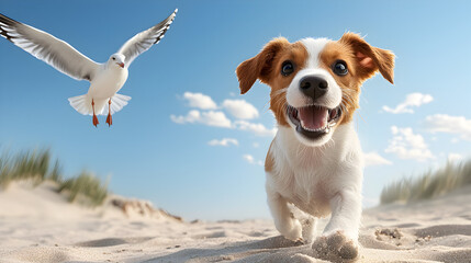 Happy puppy running on sandy beach with seagull flying bright blue sky with clouds, joyful and energetic scene capturing playful