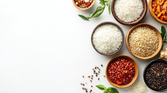 Assorted rice types and spices in bowls on white background.
