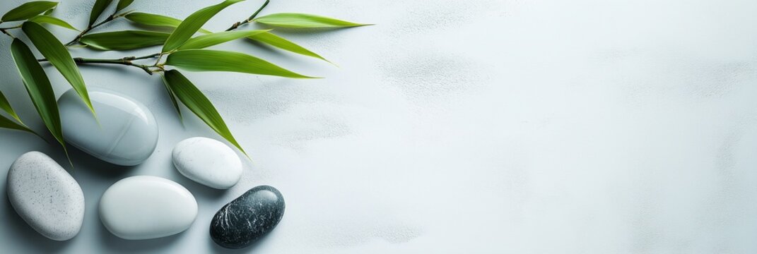 Spa stones and bamboo leaves banner for wellness website or beauty blog header, soft blue-gray tones, 3:1 banner image with copy space on right