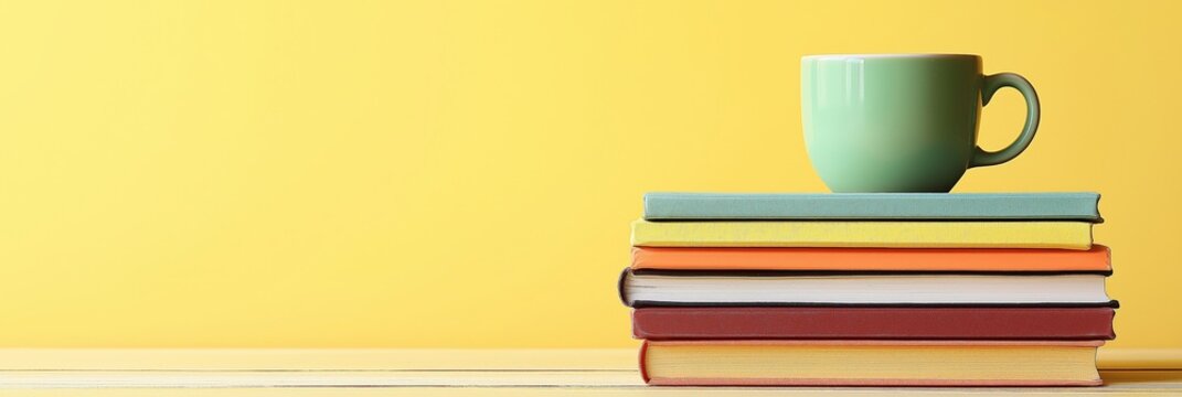 Colorful books with coffee mug banner for education blog or reading website header, soft yellow tones, 3:1 banner image with copy space on right - Powered by Adobe