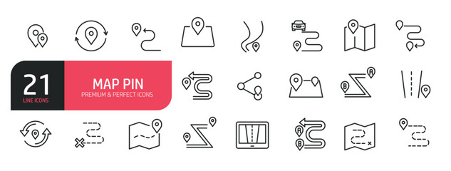 Set of line icons related to map pin, location, GPS. Outline icons collection. Editable stroke. Vector illustration