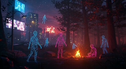 Neon figures by campfire in futuristic forest