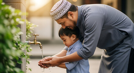 A father teaching his young son how to perform ablution (wudu), both bending near a water tap, washing hands together. Natural lighting, warm bonding moment, traditional Islamic background, outdoor se