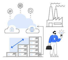 Data servers, cloud connected with security and global data icons. Factory symbolizes enterprise, man holding idea represents innovation. Ideal for IT, industry 4.0, networking, infrastructure