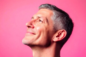 Obraz premium Elegant men's buzz cut haircut - midlife white man with grey hair. Pink solid background. A fashionable man posing for a stylish portrait. Creative of style for aging men.
