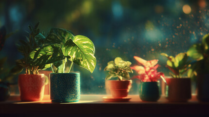 cozy flower pots on windowsill with golden sunset light – atmospheric photo ideal for home decor blogs, peaceful lifestyle content, or seasonal mood boards