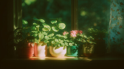 cozy flower pots on windowsill with golden sunset light – atmospheric photo ideal for home decor blogs, peaceful lifestyle content, or seasonal mood boards
