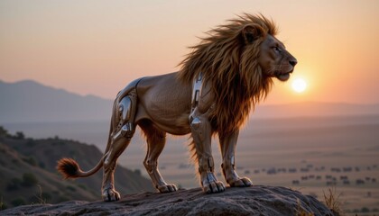 Fototapeta premium Majestic lion standing on a rock at sunset overlooking a vast landscape with mountains in the background, showcasing a powerful and regal animal in natural light