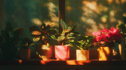 cozy flower pots on windowsill with golden sunset light – atmospheric photo ideal for home decor blogs, peaceful lifestyle content, or seasonal mood boards