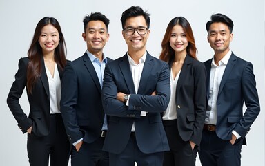 Confident Asian businesspeople in powerful poses, donning business suits, symbolizing a dynamic corporate team. Captivating unity and professionalism. generative AI. High quality