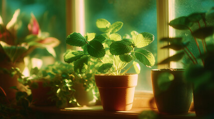 cozy flower pots on windowsill with golden sunset light – atmospheric photo ideal for home decor blogs, peaceful lifestyle content, or seasonal mood boards