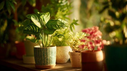 cozy flower pots on windowsill with golden sunset light – atmospheric photo ideal for home decor blogs, peaceful lifestyle content, or seasonal mood boards