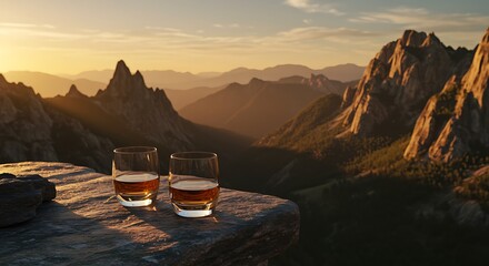 Golden Hour Whiskey Mountaintop Sunset with Two Glasses