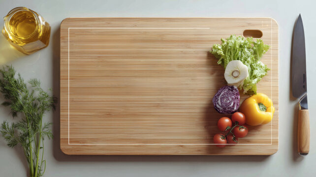 A cutting board with virtual knife guides and ingredients appearing on a digital screen, symbolizing augmented cooking experience