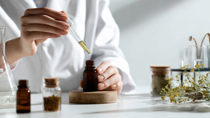 A scientist preparing an organic skincare product with natural ingredients in a laboratory setting