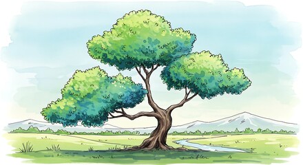 Stylized tree in landscape illustration