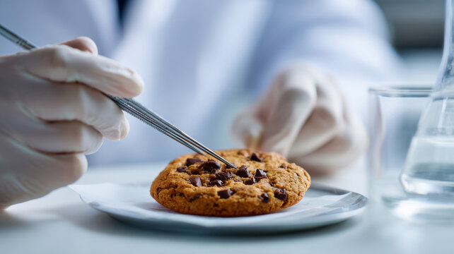 A scientist testing different temperatures on a chocolate chip cookie to analyze its texture