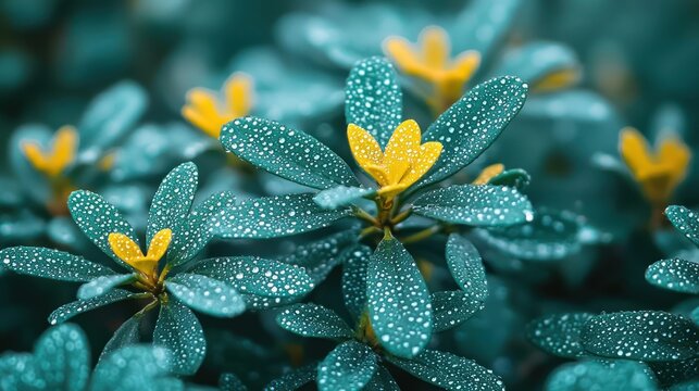 Dewy teal leaves with bright yellow flowers in soft focus