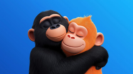 Playful monkeys embracing colorful background digital art whimsical close-up friendship concept