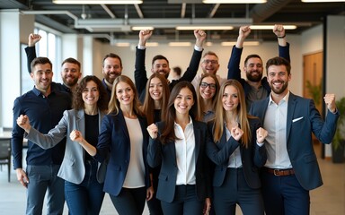 Businesspeople and their team exude positivity in a lively group photo, showcasing dynamic body language that reflects the collective success and enthusiasm within the office. Generative ai.