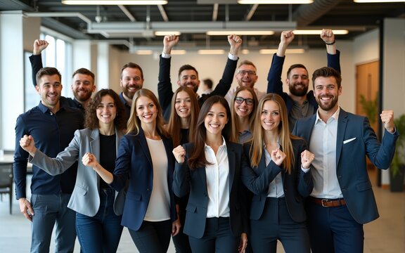 Businesspeople and their team exude positivity in a lively group photo, showcasing dynamic body language that reflects the collective success and enthusiasm within the office. Generative ai.