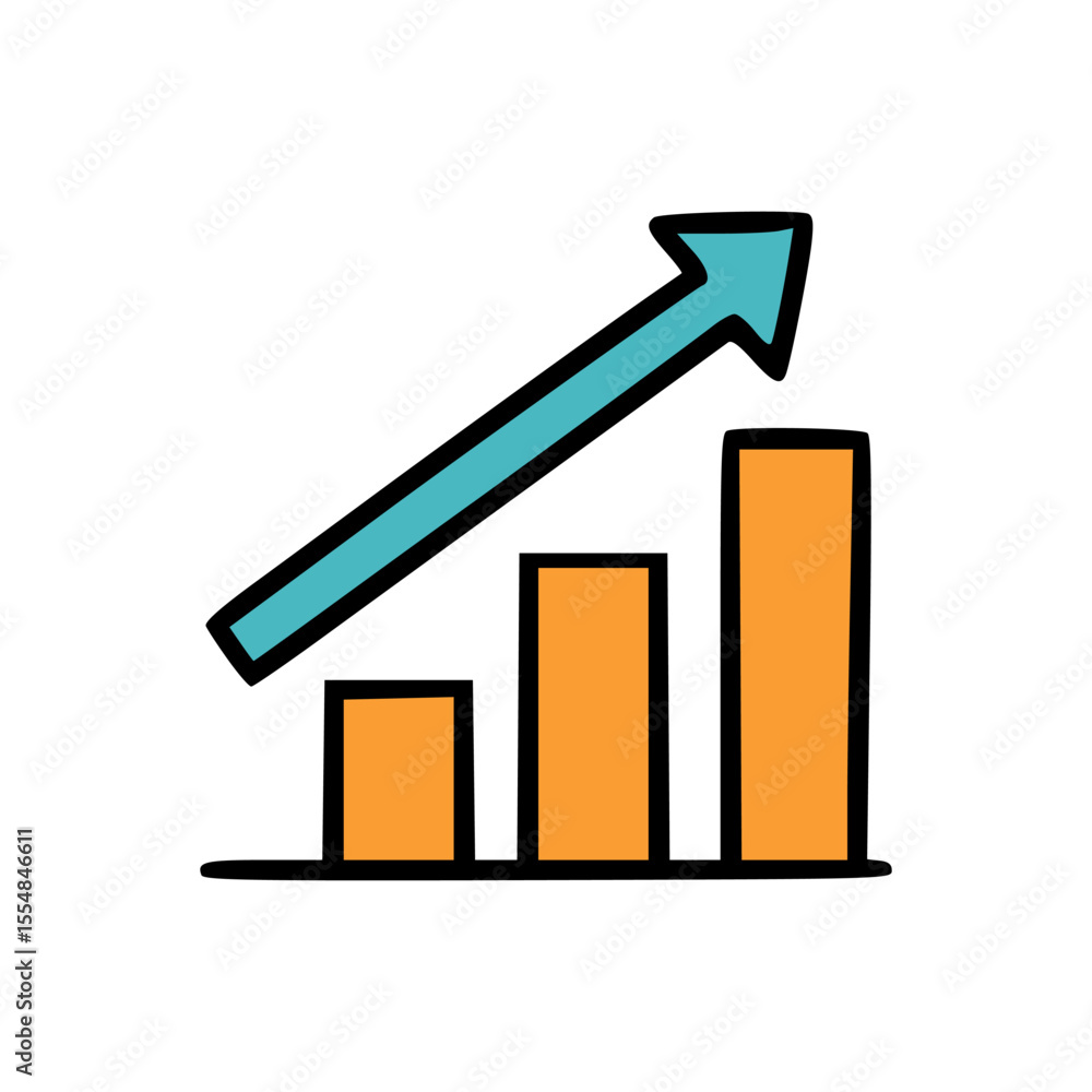 Poster hand-drawn style increasing bar graph with rising blue arrow representing positive progress
