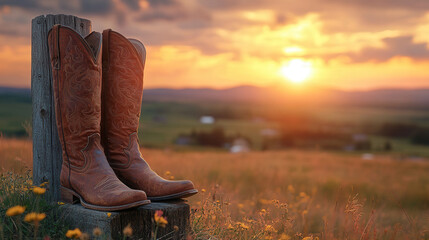 cowboy boots hanging on rustic fence with horse in blurred background, western fashion and countryside lifestyle