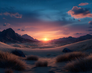 Stunning desert landscape sunset with mountains and clouds sky, creating peaceful and vibrant scene with warm colors