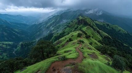 Naklejka premium Lush mountain ridge trail under dramatic sky (1)