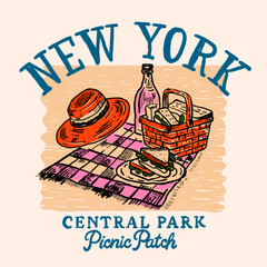 New york central park picnic patch. holiday graphics. Summer travel and picnic stuff. summer tshirt design.  Tourism and adventure accessories. Camera, holiday backpack, campfire, trailer.