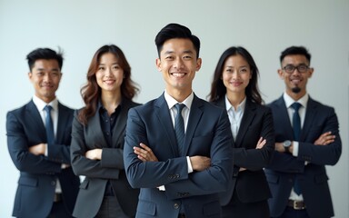 Confident Asian businesspeople in powerful poses, donning business suits, symbolizing a dynamic corporate team. Captivating unity and professionalism. generative AI. High quality