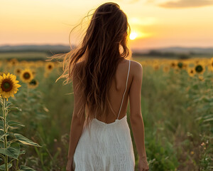 Woman with long wavy hair in white dress standing in sunflower field during sunset, creating peaceful and warm atmosphere